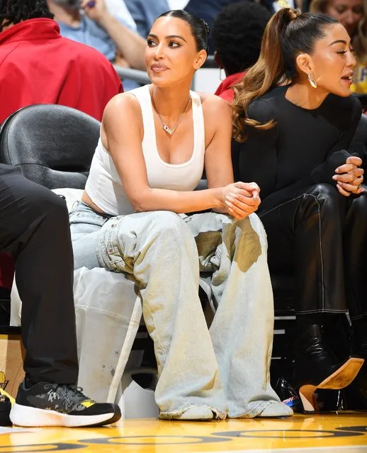 American socialite Kim Kardashian (L) and American fashion designer Sarah Staudinger attend a playoff basketball game between the Los Angeles Lakers and the Golden State Warriors at Crypto.com Arena on May 08, 2023 in Los Angeles, California. (Photo by NBAE via Getty Images)