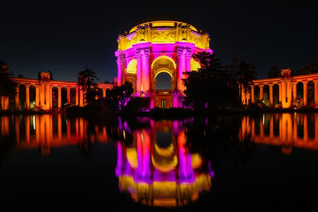 A view of illuminated Palace of Fine Arts with Christmas lights in San Francisco, California, United States on December 17, 2025. (Photo by Tayfun Coskun/Anadolu via Getty Images)