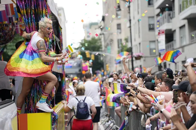 Frankie Grande rides a float in the NYC Pride March on Sunday, June 25, 2023, in New York. (Photo by Charles Sykes/Invision/AP Photo)