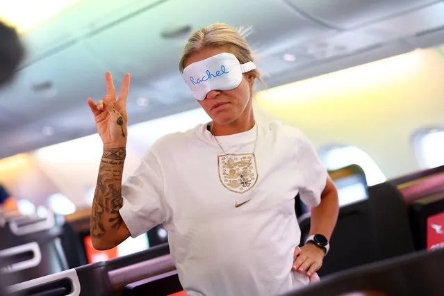 Rachel Daly of England looks on wearing an eye mask as the Lionesses depart for the FIFA Women's World Cup at Heathrow Airport on July 05, 2023 in London, England. (Photo by Naomi Baker – The FA/The FA via Getty Images)