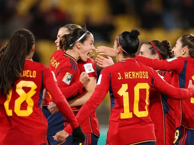 Aitana Bonmati (2nd L) of Spain celebrates after scoring her team's second goal during the FIFA Women's World Cup Australia & New Zealand 2023 Group C match between Spain and Costa Rica at Wellington Regional Stadium on July 21, 2023 in Wellington, New Zealand. (Photo by Catherine Ivill/Getty Images)