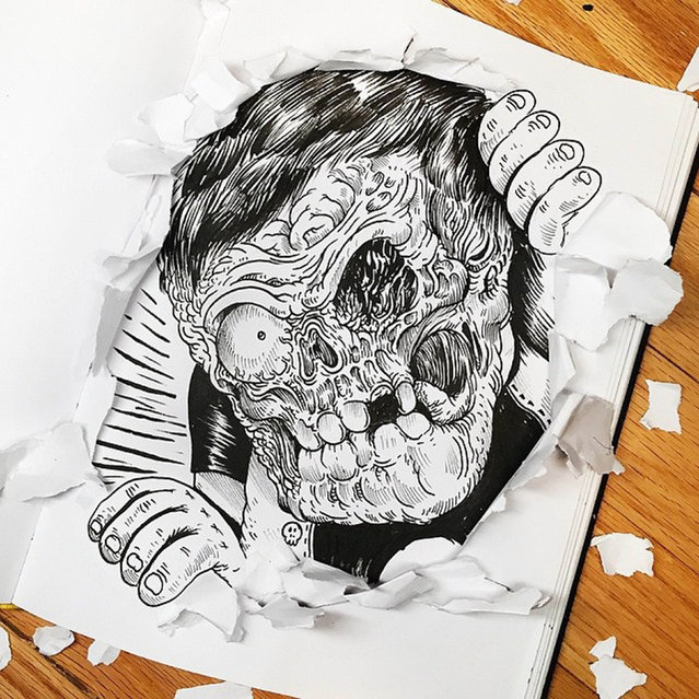 A quirky cartoonist challenged his own creation to a fight – but he could only draw. US artist Alex Solis, 31, from Chicago, Illinois, drew his skull t-shirt-wearing alter ego, who he calls Chuck, smashing his phone and stabbing his finger in his Inkteraction pictures. (Photo by Alex Solis/Caters News)