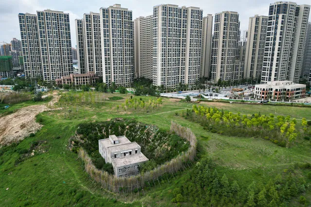 An aerial view of the nail house on July 10, 2022 in Zhengzhou,Henan Province of China. The house is located in a 10 meter deep pit surrounded by earth slopes and bamboo. (Photo by Stringer/Anadolu Agency via Getty Images)
