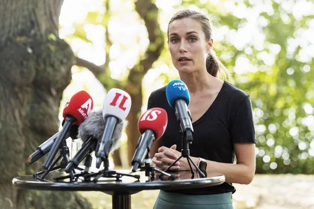 Prime minister of Finland Sanna Marin holds a press conference in Helsinki, Finland, on August 19, 2022, after videos showing her partying and leaked into social media have sparked criticism. (Photo by Roni Rekomaa/Lehtikuva via AFP Photo)