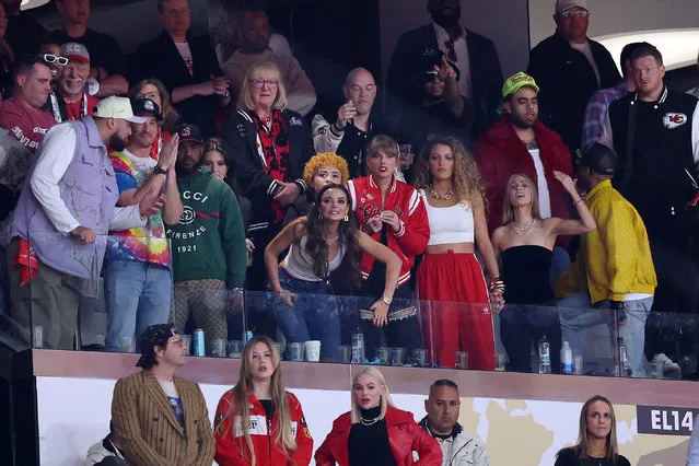 (L-R) Actor Miles Teller, singer Lana Del Rey, singer Ice Spice, singer Taylor Swift, and actress Blake Lively react in overtime during Super Bowl LVIII between the San Francisco 49ers and Kansas City Chiefs at Allegiant Stadium on February 11, 2024 in Las Vegas, Nevada. (Photo by Steph Chambers/Getty Images)