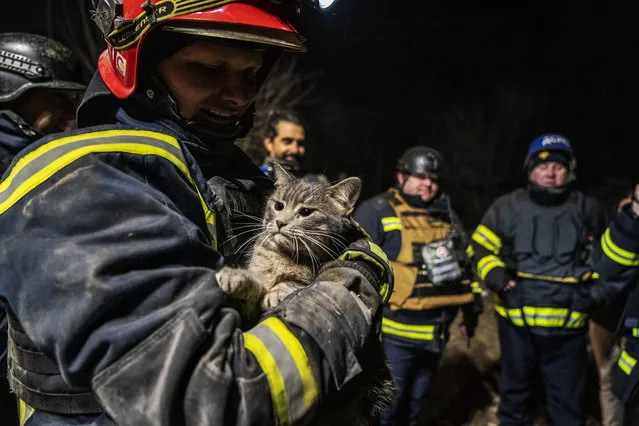 Rescuers pets a rescued cat at the site of a house destroyed in a Russian missile attack on Kramatorsk, Donetsk oblast, Ukraine on February 17, 2024. Russia launched missile attacks on Kramatorsk and Sloviansk in Donetsk oblast on the night of 17 February, killing at least two people and trapping others under rubble, Governor Vadym Filashkin said. (Photo by Jose Colon/Anadolu via Getty Images)