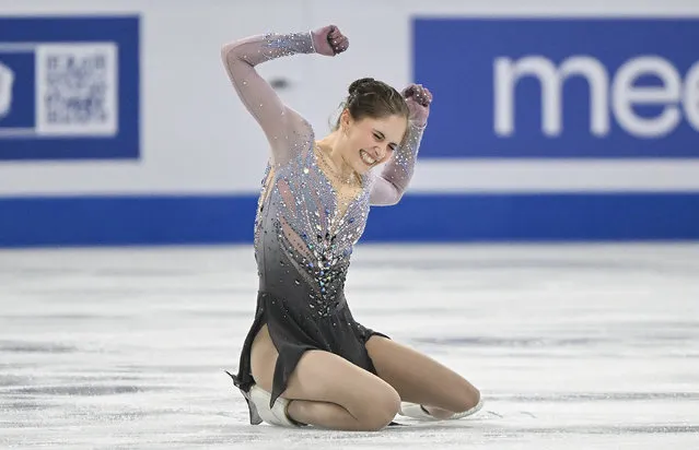 Isabeau Levito, of the United States, reacts at the end of her short program at the world figure skating championships in Montreal, Wednesday, March 20, 2024. (Photo by Graham Hughes/The Canadian Press via AP Photo)