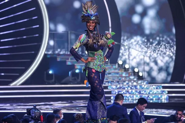 Miss Kenya, Roshanara Ebrahim appears on stage during the national costume presentation of the 70th Miss Universe beauty pageant in Israel's southern Red Sea coastal city of Eilat on December 10, 2021. (Photo by Menahem Kahana/AFP Photo)