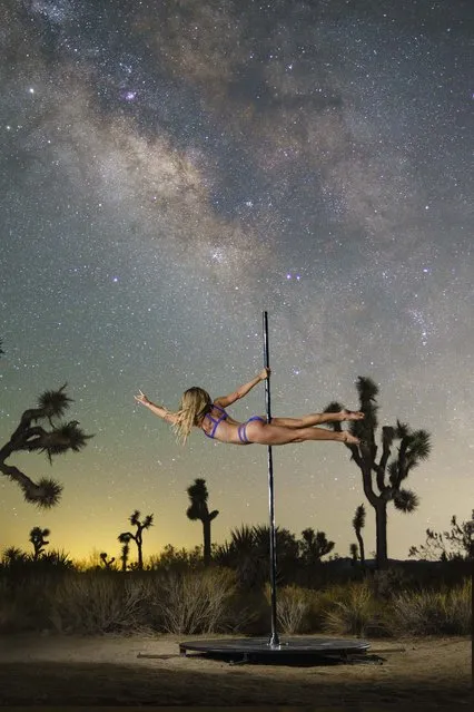 These stunning images show a group of aerial artists lighting up the night sky. Taken by photographer Casey Grimley, 37, the photos show pole dancers and aerial artists at various locations in Southern California, including the famed Joshua Tree National Park. Casey said that the images required thousands of hours of demanding rehearsals by each of the dancers. (Photo by Casey Grimley/Caters News Agency)
