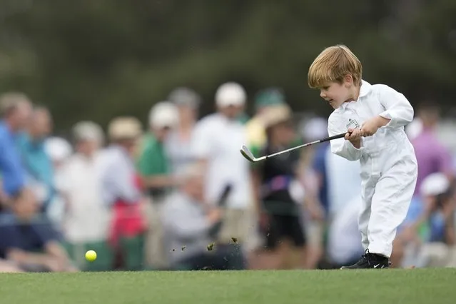 Peter Malnati's son Hatcher hits a tee shot on the first hole during the par-3 contest at the Masters golf tournament at Augusta National Golf Club Wednesday, April 10, 2024, in Augusta, GA. (Photo by Ashley Landis/AP Photo)