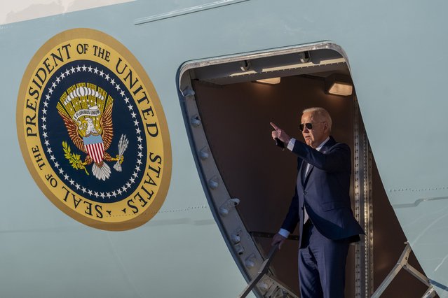 President Joe Biden waves as he arrives on Air Force One at Moffett Field, Thursday, May 9, 2024, in Mountain View, Calif. (Photo by Alex Brandon/AP Photo)