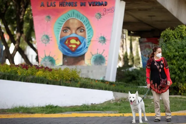 A woman and her dog are pictured in front a mural in honor to health workers as the coronavirus disease (COVID-19) outbreak continues, in Mexico City, Mexico on November 7, 2020. (Photo by Gustavo Graf/Reuters)