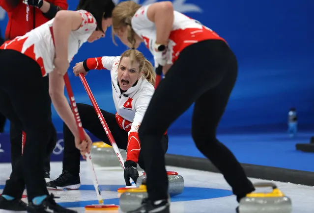 Skip Silvana Tirinzoni of Switzerland reacts during the women's curling match against China, at the 2022 Winter Olympics, Thursday, Feb. 10, 2022, in Beijing. (Photo by Evelyn Hockstein/Reuters)