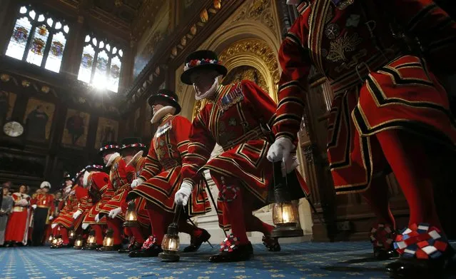 Yeoman warders take part in the traditional "ceremonial search" in the Prince's chamber in the houses of Parliament before the Queen's Speech during the State Opening of Parliament, at the Palace of Westminster in London, Britain May 18, 2016. (Photo by Alastair Grant/Reuters)