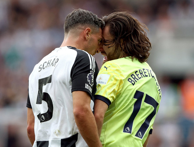 Newcastle United's Fabian Schar and Southampton's Ben Brereton Diaz butt heads before Schar was sent off during the Premier League match between Newcastle United FC and Southampton FC at St James' Park on August 17, 2024 in Newcastle upon Tyne, England. (Photo by Scott Heppell/Reuters)