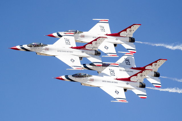 Thunderbirds are go at the Warriors over Wasatch airshow at Hill air force base in Utah on Friday, July 5, 2024. The display team of the United States Air Force were flying F-16 Fighting Falcons. (Photo by South West News Service)