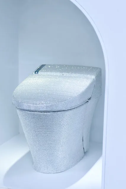 A toilet decorated with crystal rhinestones is displayed with during the “Toilet!? Human Waste and Earth's Future” exhibition at The National Museum of Emerging Science and Innovation – Miraikan on July 1, 2014 in Tokyo, Japan. The exhibition focuses on how the toilet has changed our daily lives and discovers what the most environment-friendly and ideal toilet is. (Photo by Keith Tsuji/Getty Images)
