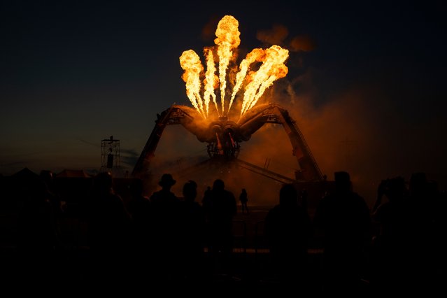 Pyrotechnics test at Arcadia during the Glastonbury Festival in Worthy Farm, Somerset, England, Thursday, June 22, 2023. (Photo by Scott Garfitt/Invision/AP Photo)