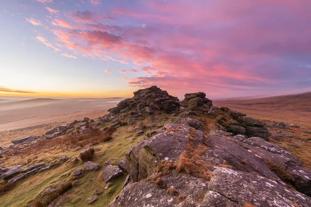 Shortlisted. West Mill, Dartmoor national park, by Andrew Sweeney: “Early misty February morning on West Mill Tor. As the mist cleared, it gave a sky full of pastel colours at sunrise”. (Photo by Andrew Sweeney/2020 UK National Parks Photography Competition)