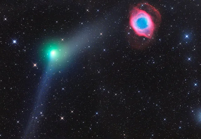 “Robotic Scope”. Winner: Encounter of Comet and Planetary Nebula by Gerald Rhemann (Austria) A vibrant image showing the glowing green, comet C/2013 X1 PanSTARRS whizzing past the luminous pink and blue Helix Planetary Nebula, on 5 June 2016. This photograph was taken at an observatory on Tivoli Farm in Namibia, where the photographer installed a mount and telescope with a friend of his. Tivoli Farm, Khomas, Namibia, 5 June 2016 ASA Astrograph 12-inch N 300 mm f/3.6 reflector telescope, ASA DDM 85 mount, FLI Microline ML 16200 camera, 94-minute total exposure. (Photo by Gerald Rhemann/Insight Astronomy Photographer of the Year 2017)