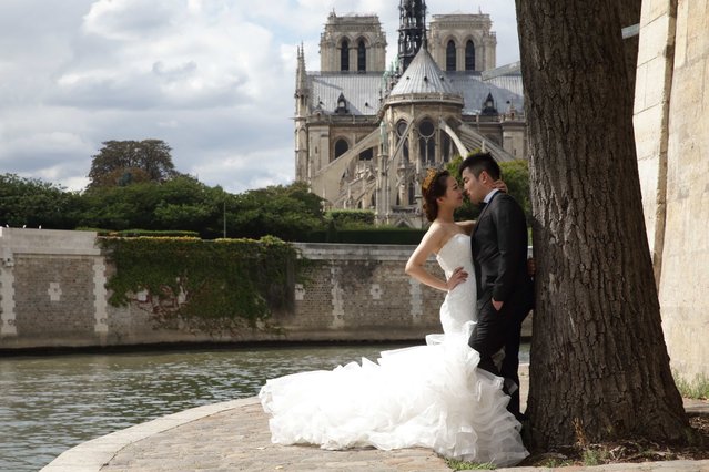 A Chinese couple poses during a pre-wedding photoshoot in front of the Notre-Dame Cathedral in Paris, France, August 28, 2015. (Photo by Philippe Wojazer/Reuters)