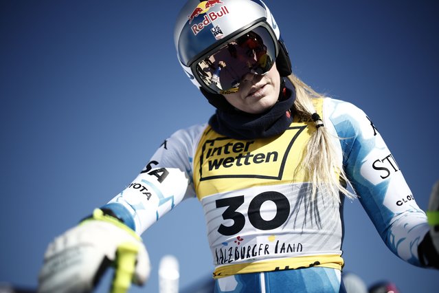 United States' Lindsey Vonn gets ready to start an alpine ski, women's World Championship downhill training, in Saalbach-Hinterglemm, Austria, Tuesday, February 4, 2025. (Photo by Gabriele Facciotti/AP Photo)