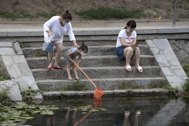 A woman holds on to the shirt of a chid using a net to look for fish as they wear masks to curb the spread of the coronavirus along a canal in Beijing on Saturday, June 20, 2020. China's capital recorded a further drop in coronavirus cases amid tightened containment measures. (Photo by Ng Han Guan/AP Photo)