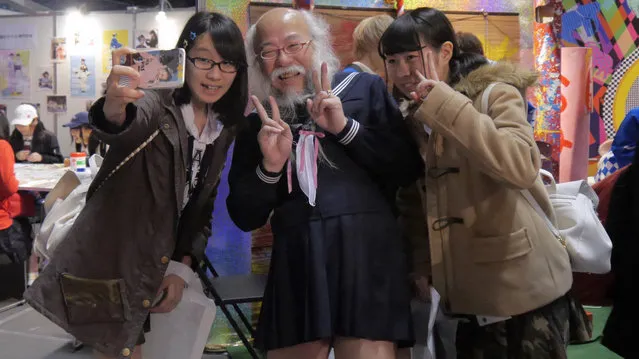 This is the overjoyed face of a Japanese man who dresses as a schoolgirl at the weekend. Hideaki Kobayashi, 54, began the bizarre campaign after a friend told him anyone over 30 who wore a schoolgirl outfit got free ramen. But despite not having much luck on the free noodle front, Hideaki has continued to dress himself in the traditional Sailor Uniform Ojisan, complete with ribbons in his beard. He has since travelled to China, Osaka and France after building quite a following, with many referring to him as that old man wearing a girls sailor uniform. (Photo by Caters News Agency)