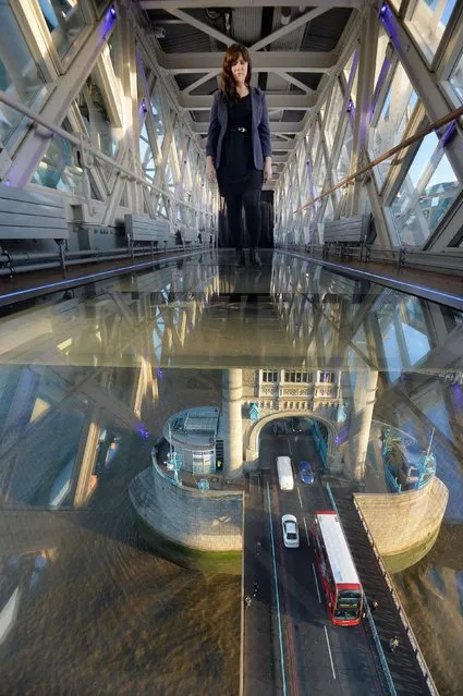 Daniella Marchesi walks across the 11 meter by 1.8 meter wide newly installed glass floor 138 feet above the River Thames at Tower Bridge, London, on November 10, 2014, after a £1 million improvement. The floor will allow visitors a view of the bridge lifts and is the most significant change since the Tower bridge Experience opening in 1982. (Photo by John Stillwell/PA Wire)