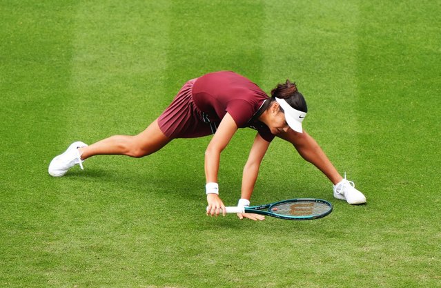 British professional tennis player Emma Raducanu slips during her match against Ann Li during day two of the Lexus Eastbourne Open at Devonshire Park Lawn Tennis Club, Eastbourne on Tuesday, June 24, 2025. (Photo by Bradley Collyer/PA Wire Press Association)
