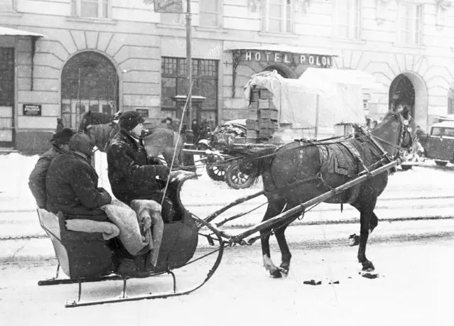 A smallhorse-drawn sleigh carries passengers during a fall of snow through the streets of Warsaw, Poland, on December 14, 1946. Due to the serious transport shortage in the Polish capital, the horse-drawn vehicles have been given a new lease of life. (Photo by AP Photo)