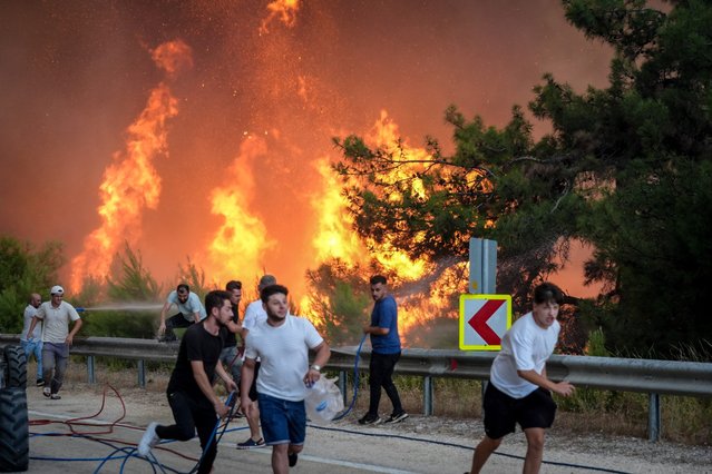 Firefighters and civilians battle a forest fire that broke out in the woodland area between the districts of Gursu and Kestel in Bursa, Turkiye, on July 26, 2025. (Photo by Sergen Sezgin/Anadolu via Getty Images)