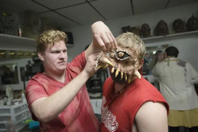 Actor Matt Maloney, left, helps remove a prosthetic from the face of colleague Robert Hensley after closing at the The Dent Schoolhouse haunted attraction, Thursday, October 29, 2015, in Cincinnati. The haunt, owned and operated by Bud Stross, 28, and Josh Wells, two high school friends, inhabits a late 19th century schoolhouse they've renamed "The Dent Schoolhouse". (Photo by John Minchillo/AP Photo)