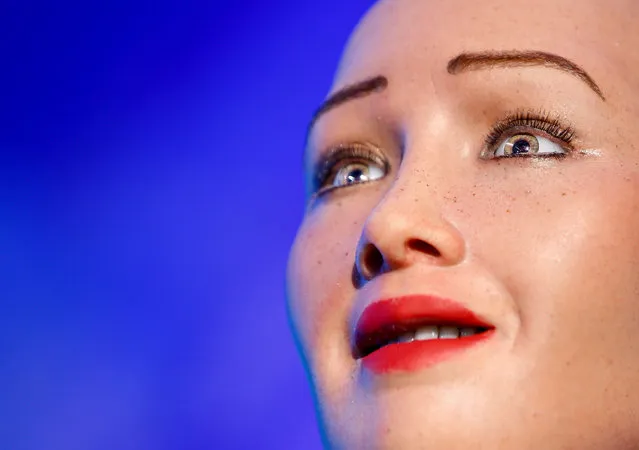 Humanoid robot Sophia delivers her speech during the United Nation's Sustainable Development Goals, in Asia and the Pacific with a focus on innovation conference, in Kathmandu, Nepal, 21 March 2018. Sophia, the humanoid robot developed by Hong Kong-based company Hanson Robotics, was granted citizenship in Saudi Arabia, making her the first robot to receive citizenship of any country. (Photo by  Narendra Shrestha/EPA/EFE)