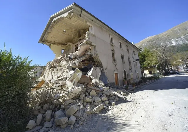A destroyed house in the village of  Pretare, near Arquata del Tronto, Italy, Tuesday, November 1, 2016. Earthquake aftershocks gave central Italy no respite on Tuesday, haunting a region where thousands of people were left homeless and frightened by a massive weekend tremor that razed centuries-old towns. (Photo by Sandro Perozzi/AP Photo)