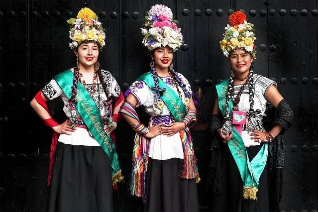 From left, Estefanía Rojas, Yareli Mendoza and Celic Jiménez, chosen as cultural ambassadors of “La Flor mas Bella del Ejido”, or The most beautiful flower of the Ejido, pose for photos at the Mexico City Museum, Tuesday, March 29, 2022. The contest “La Flor más Bella del Ejido” has been held in the borough of Xochimilco since pre-Hispanic times. (Photo by Marco Ugarte/AP Photo)