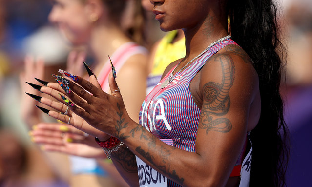 A detailed view of Sha'carri Richardson of Team United States nails during the Women's 100m Round 1 on day seven of the Olympic Games Paris 2024 at Stade de France on August 02, 2024 in Paris, France. (Photo by Michael Steele/Getty Images)