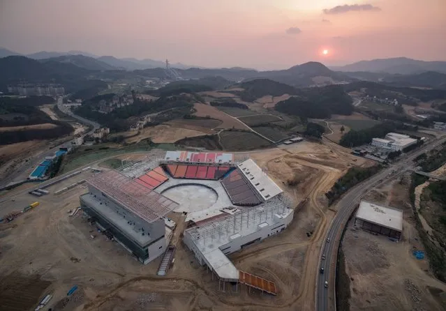 An aerial general view taken on April 30, 2017 shows the opening ceremony venue for the 2018 Pyeongchang Winter Olympics in Pyeongchang. Ticket sales in South Korea for the Winter Olympics it is hosting next year have gone far worse than hoped, organisers admitted on May 8, with barely a quarter of the first-phase target taken up. (Photo by Ed Jones/AFP Photo)