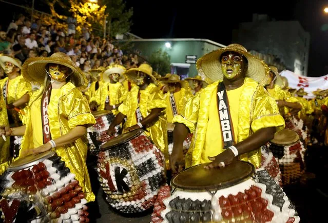 Members of a comparsa, a Uruguayan carnival group, play the drums during the Llamadas parade in Montevideo February 5, 2016. (Photo by Andres Stapff/Reuters)