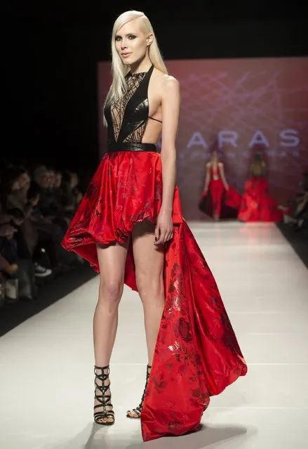 A model walks the runway in the Stephan Caras show during Toronto fashion week in Toronto on Friday, March 27, 2015. (Photo by Frank Gunn/AP Photo/The Canadian Press)