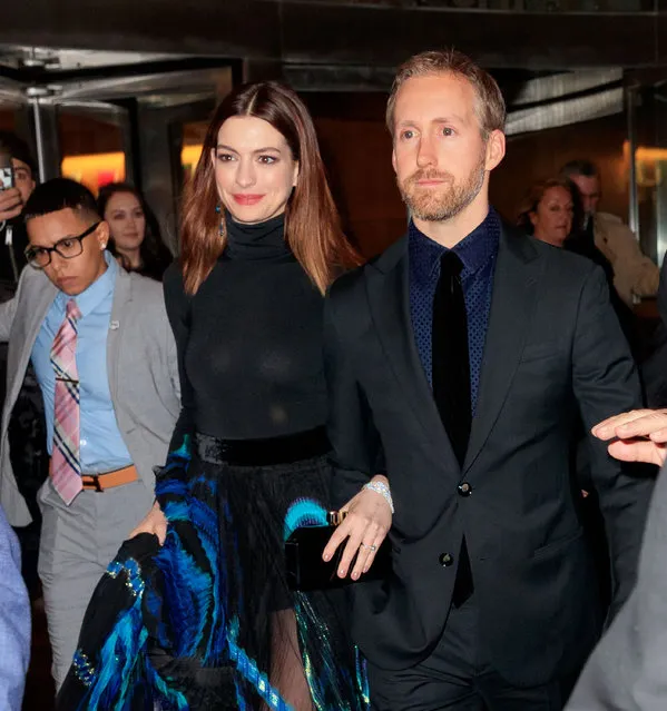Anne Hathaway and Adam Shulman depart from MoMA on January 23, 2019 in New York City. (Photo by Jackson Lee/GC Images)