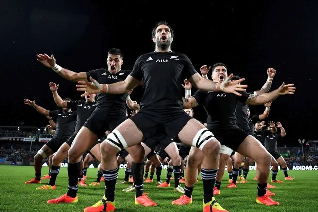 Rieko Ioane, Samuel Whitelock and Codie Taylor of the All Blacks perform the haka with the team ahead of during the International Test Match between the New Zealand All Blacks and Fiji at FMG Stadium Waikato on July 17, 2021 in Hamilton, New Zealand. (Photo by Hannah Peters/Getty Images)