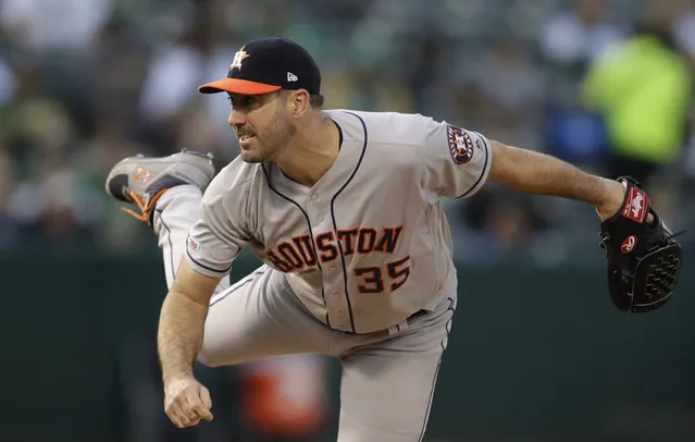 Houston Astros pitcher Justin Verlander works against the Oakland Athletics during the first inning of a baseball game Saturday, June 1, 2019, in Oakland, Calif. (Photo by Ben Margot/AP Photo)