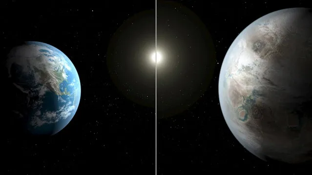 An illustration compares Earth to a planet beyond the solar system that is a close match to Earth, called Kepler-452b. The planet, which is about 60 percent bigger than Earth, is located about 1,400 light years away in the constellation Cygnus. (Photo by T. Pyle/Reuters/NASA/Ames/JPL-Caltech)