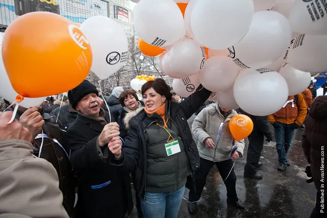 Demonstrators take part in a mass anti-Putin rally on December, 24, 2011 in Moscow, Russia