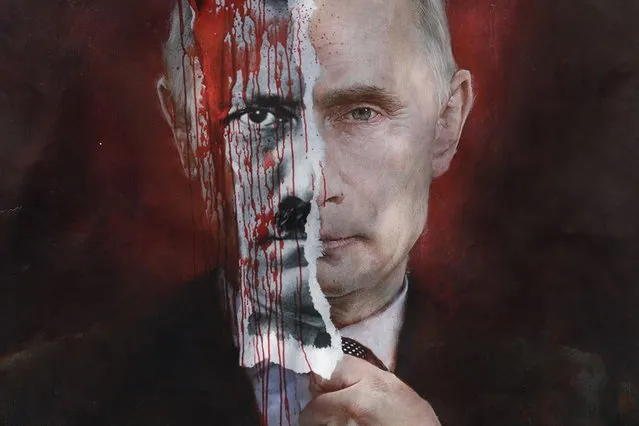 A poster with Russian President Putin with a bloody face is displayed during a protest action in front of the Russia Embassy in Riga, Latvia, 17 March 2022. The protest is planned to continue and take place every day at the Russian Embassy in Riga, until the end of the war in Ukraine. On 24 February Russian troops had entered Ukrainian territory in what the Russian president declared a “special military operation”, resulting in fighting and destruction in the country, a huge flow of refugees, and multiple sanctions against Russia. (Photo by Toms Kalnins/EPA/EFE)
