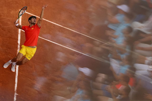 Carlos Alcaraz of Spain in action during his match against Tallon Griekspoor of the Netherlands in the men's tennis singles second round at the Paris Olympics on July 29, 2024. (Photo by Kai Pfaffenbach/Reuters)