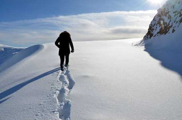 A man walks along a road covered in snow in Mus province of Turkey on December 03, 2019. (Photo by Sabri Yildirim/Anadolu Agency via Getty Images)