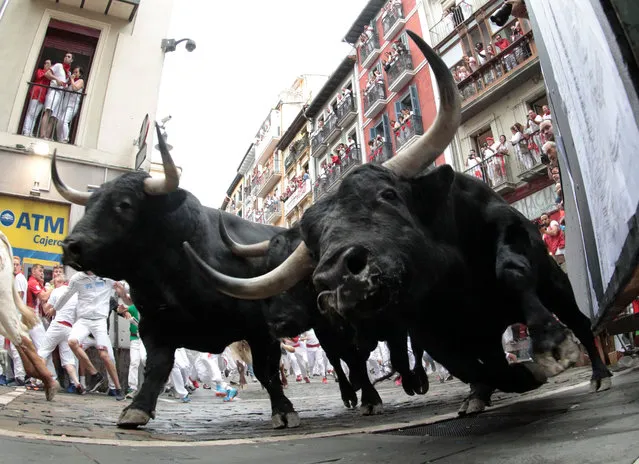 Fighting bulls from the ranch of Puerto San Lorenzo stampede through the old city street in the first “encierro”, or running-with-the-bulls, in the famed eight-day Fiesta de San Fermin in Pamplona, northern Spain, 07 July 0219. The fiesta is renowned for its morning running-with-the bulls each day and for its non-stop partying atmosphere, all brought to the public's attention and made famous by US novelist Ernest Hemingway in his 1926 novel The Sun Also Rises. (Photo by Jim Hollander/EPA/EFE)