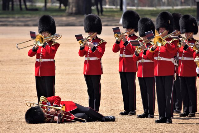 A trombone player faints as the band marches during the Colonel's Review at Horse Guards Parade in London on June 10, 2023 ahead of The King's Birthday Parade. The Colonel's Review is the final evaluation of the parade before it goes before Britain's King Charles III during the Trooping of the Colour on June 17. (Photo by Tolga Akmen/EPA)